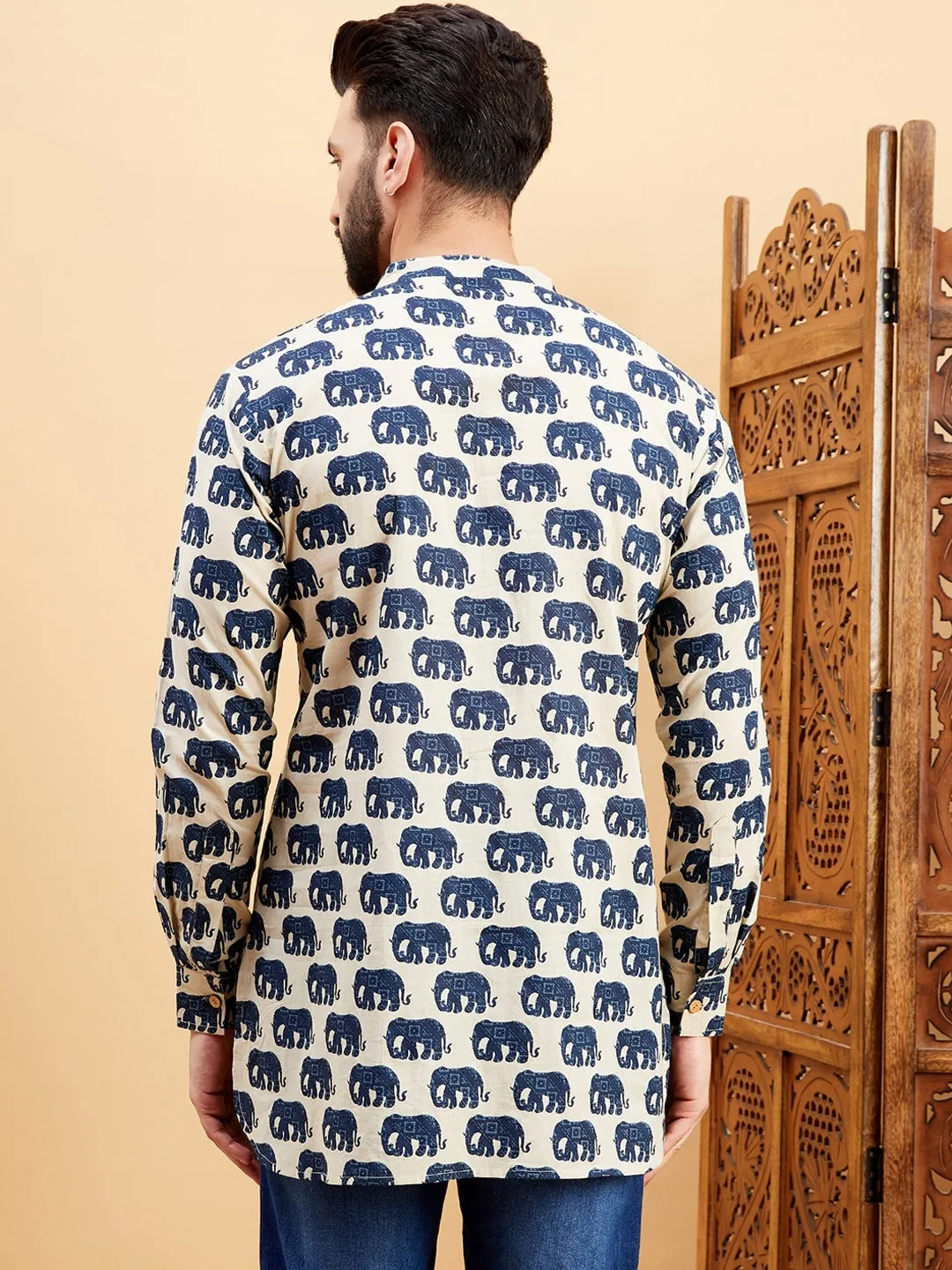 Blue Ethnic Motifs Printed Mandarin Collar Cotton Curved Thread Work Kurta