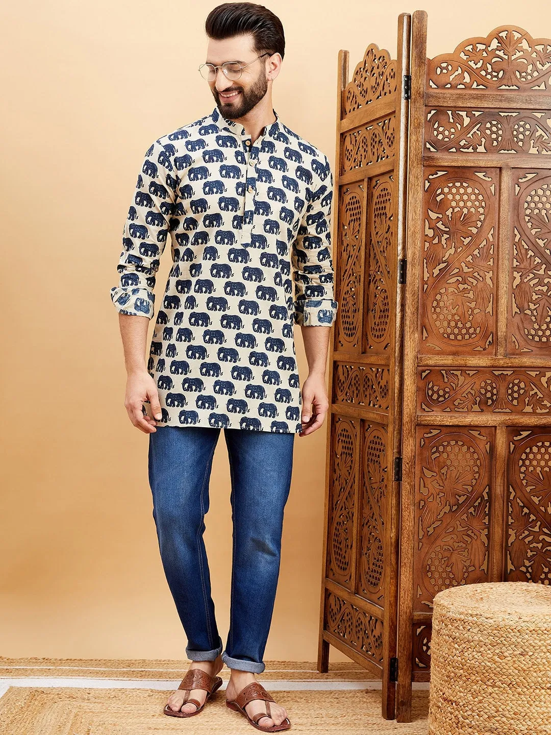 Blue Ethnic Motifs Printed Mandarin Collar Cotton Curved Thread Work Kurta