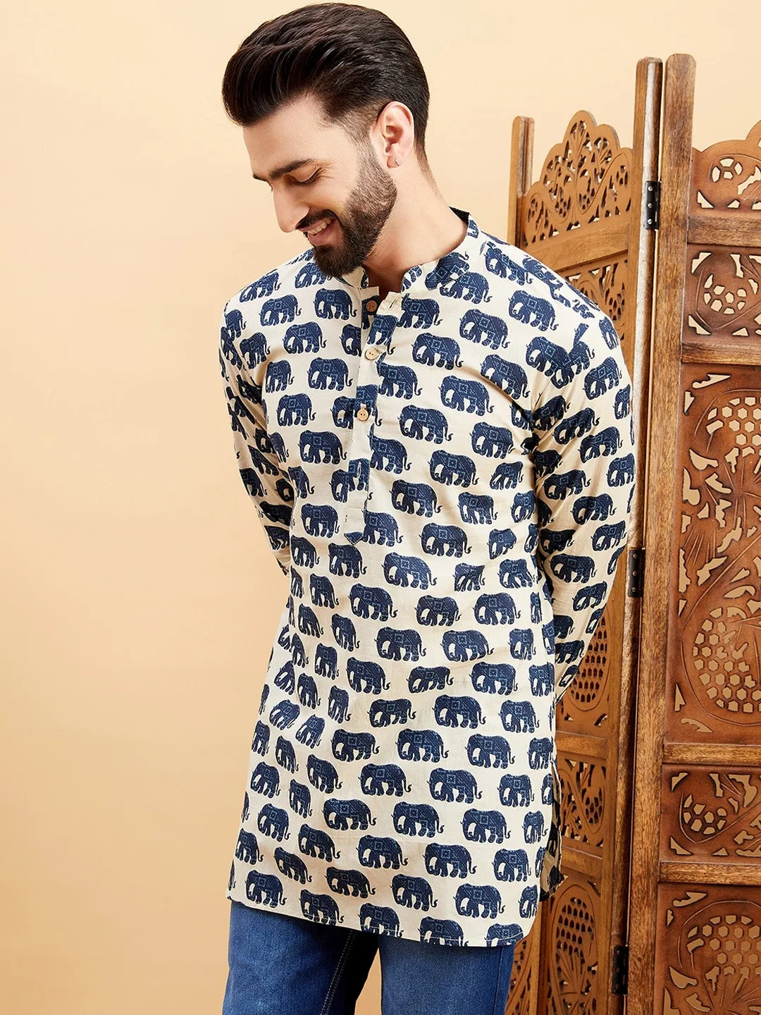 Blue Ethnic Motifs Printed Mandarin Collar Cotton Curved Thread Work Kurta