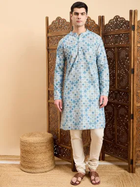 Blue Ethnic Motifs Printed Mandarin Collar Straight Kurta