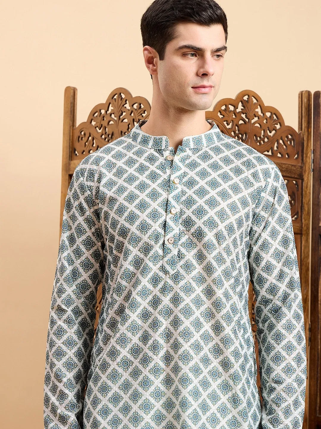 Blue Ethnic Motifs Printed Mandarin Collar Straight Kurta