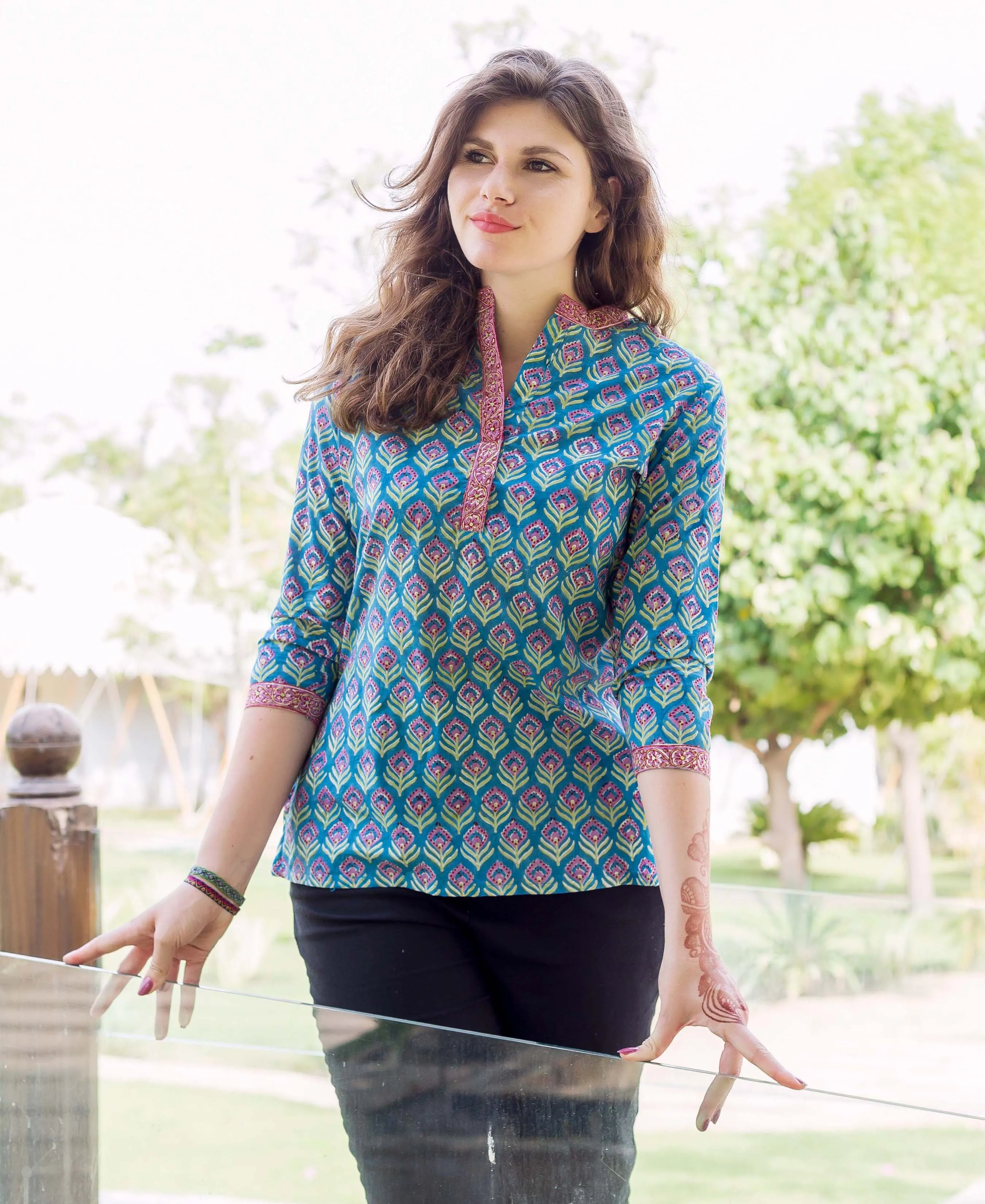 Blue Hand Block Printed Ethnic Top