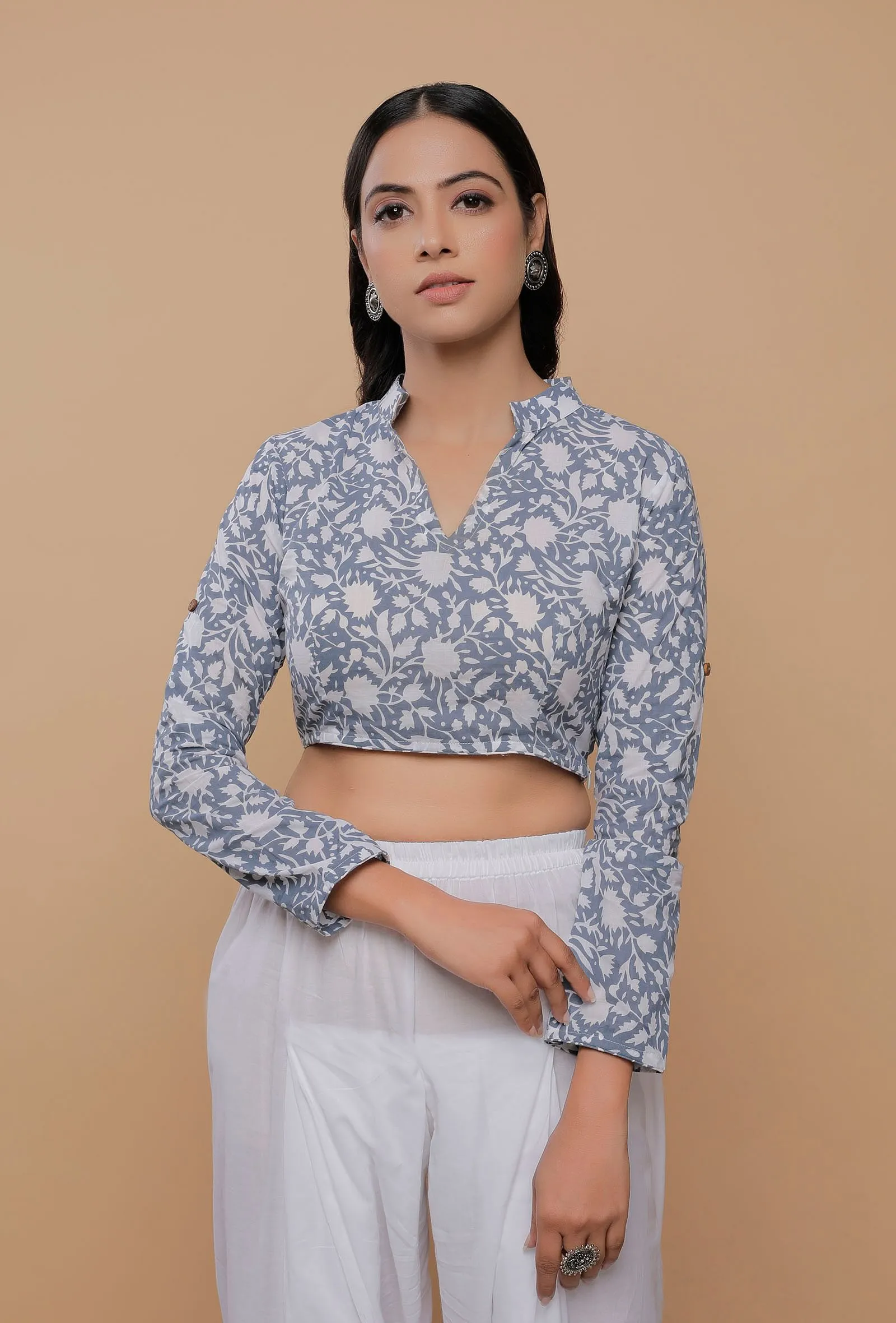 Blue Handblock Printed Cotton V Neck Line With Stand Collar Blouse