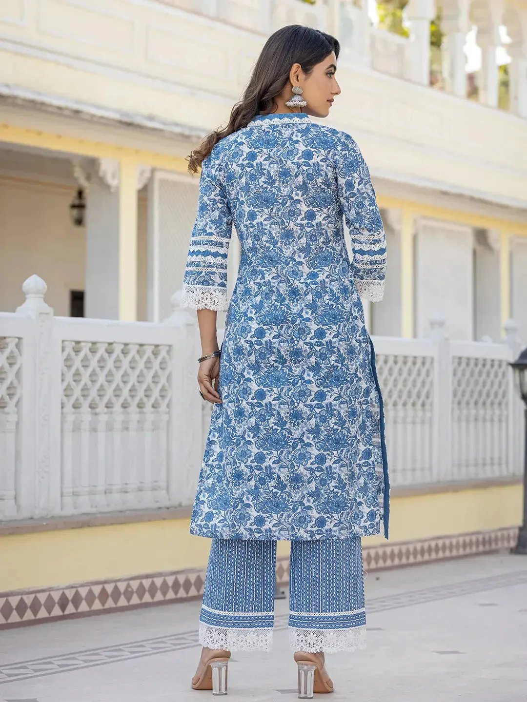 Blue Lacework Pakistani Style Kurta Trouser And Dupatta Set