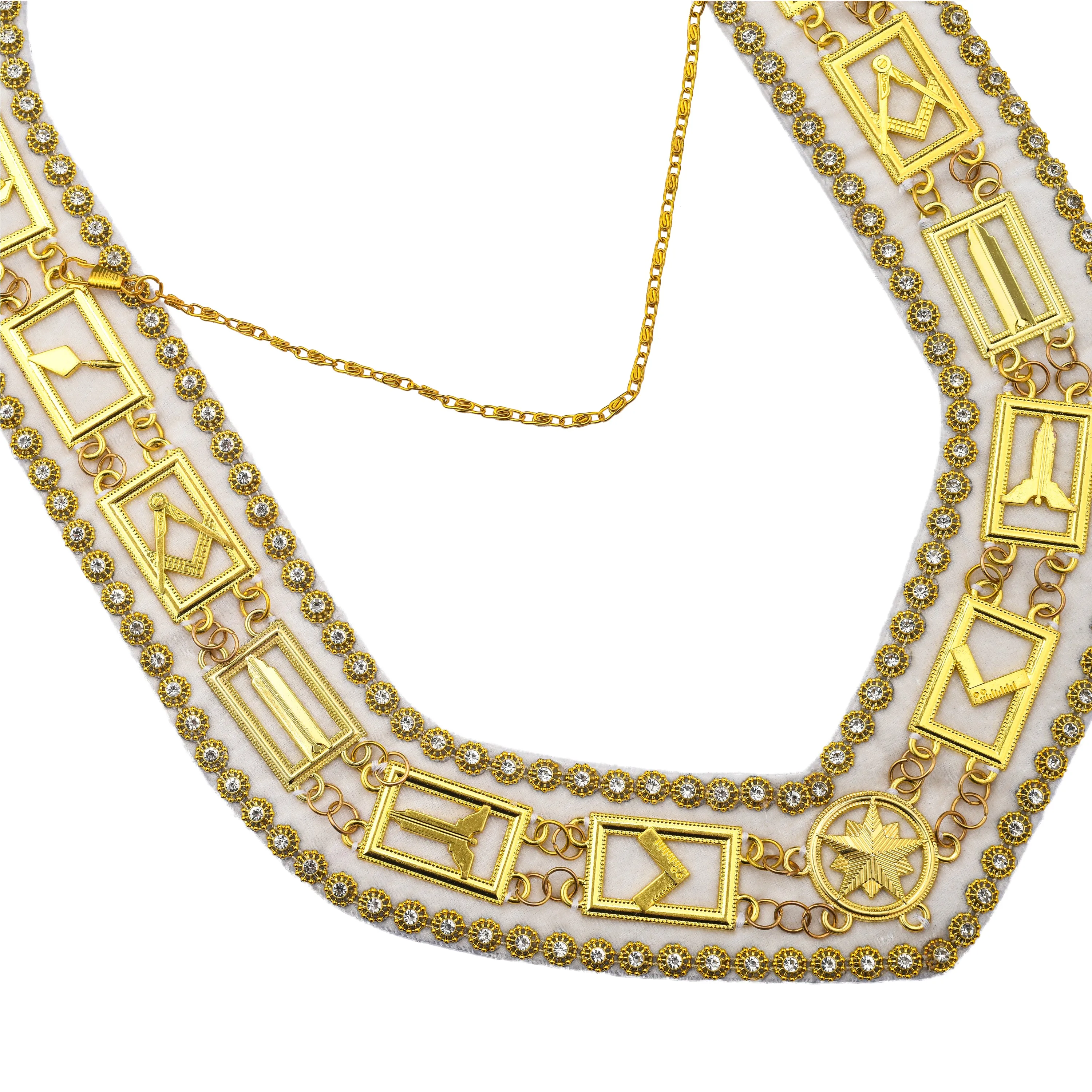 Blue Lodge Chain Collar - Gold Plated With Rhinestones On White Velvet