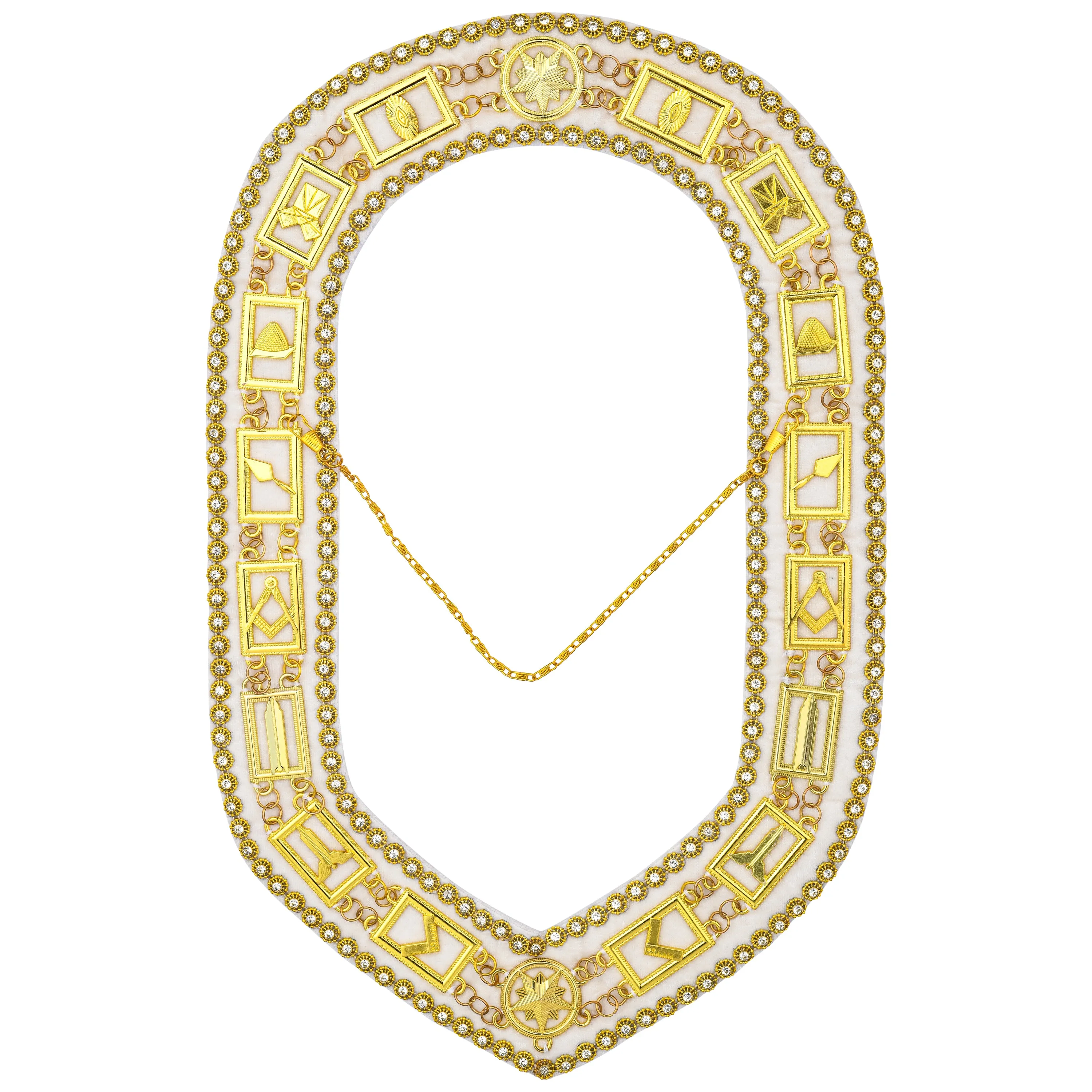 Blue Lodge Chain Collar - Gold Plated With Rhinestones On White Velvet