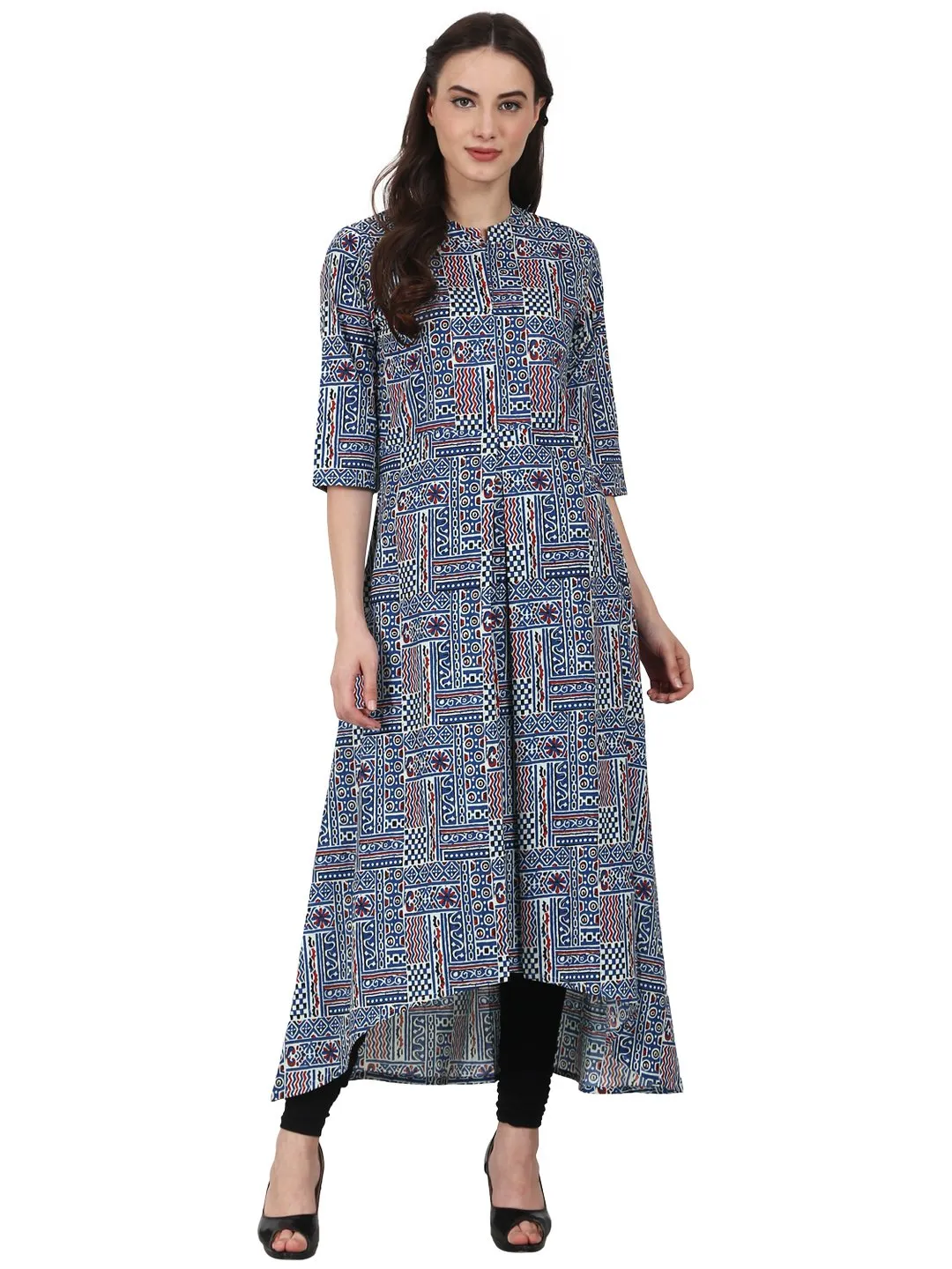 Blue Printed 3/4 Sleeve Cotton A-Line Kurta