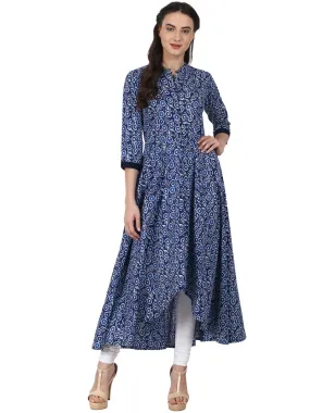 Blue Printed 3/4 Sleeve Cotton Assymetric Anarkali Kurta