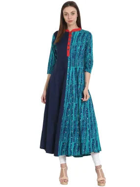 Blue Printed 3/4 Sleeve Cotton Flared Kurta