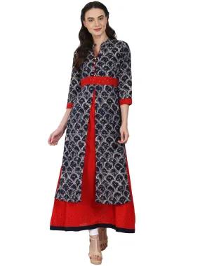 Blue Printed 3/4 Sleeve Double Layer Bottom Cut Cotton Kurta