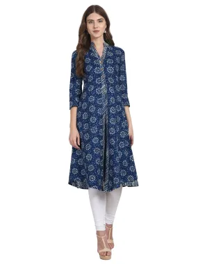 Blue Printed 3/4 Sleeve Front Open Cotton Kurta