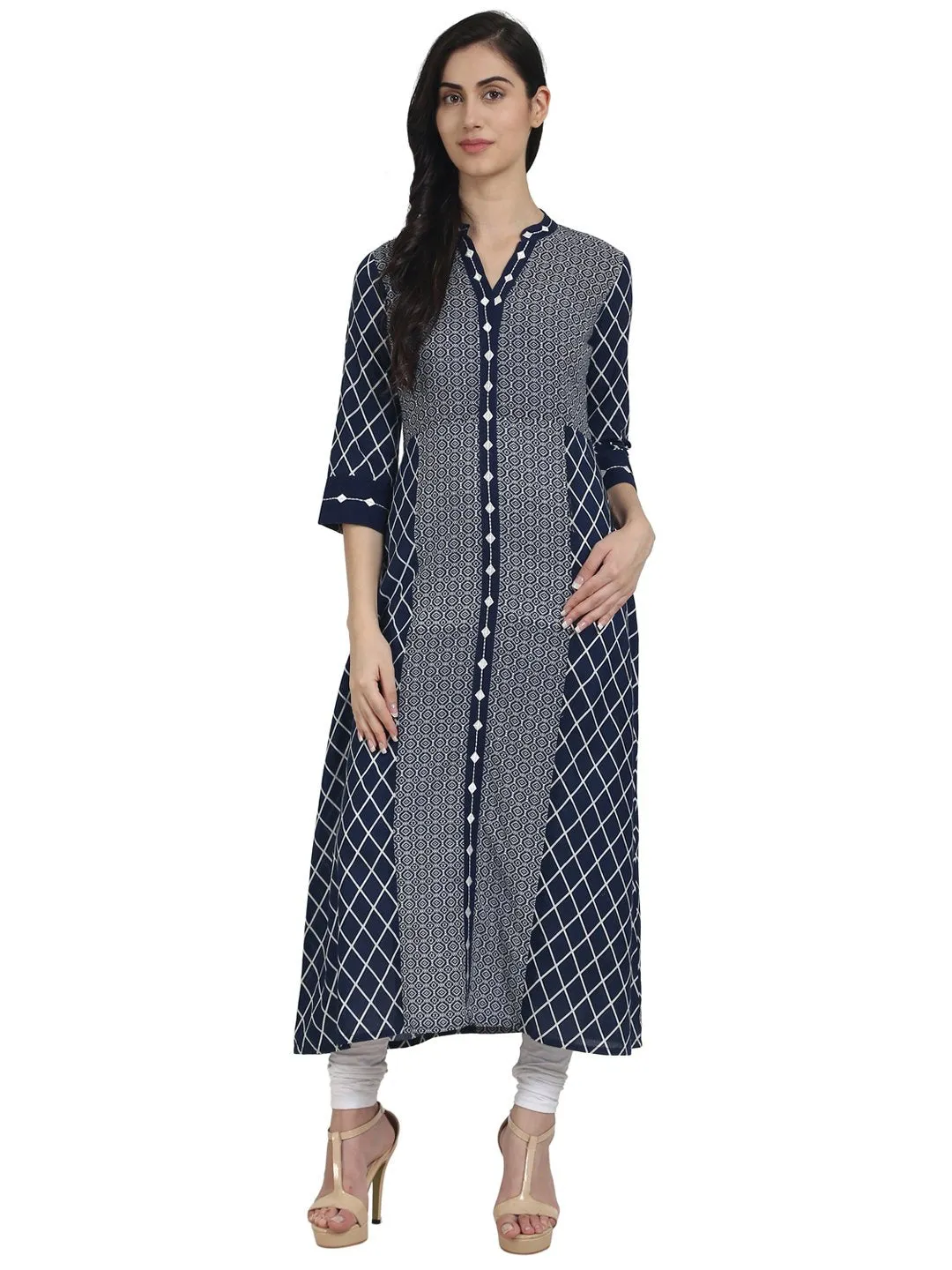 Blue Printed Cotton 3/4Th Sleeve Front Open A-Line Kurta