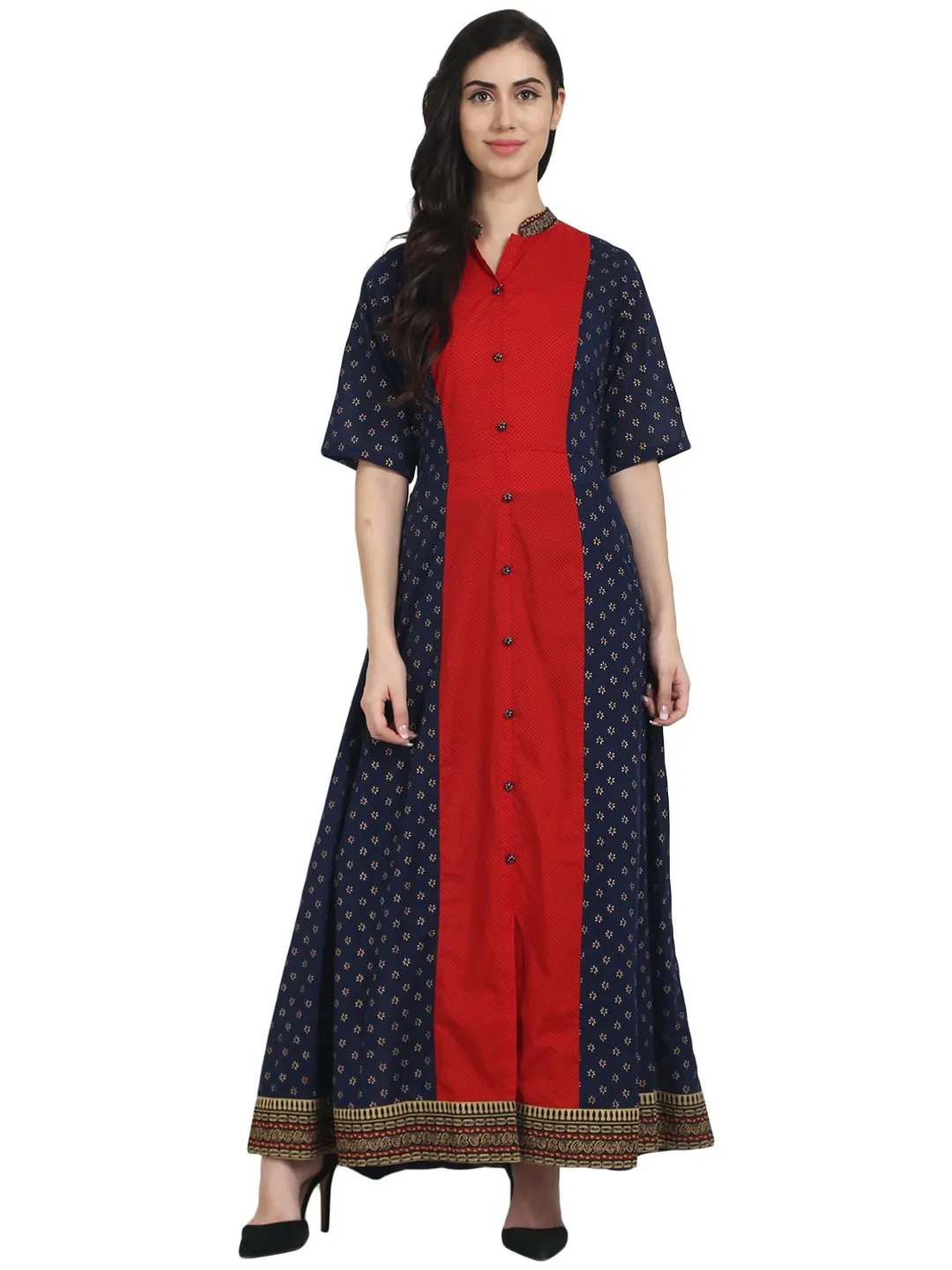 Blue Printed Cotton Half Sleeve Front Open Floor Length A-Line Kurta