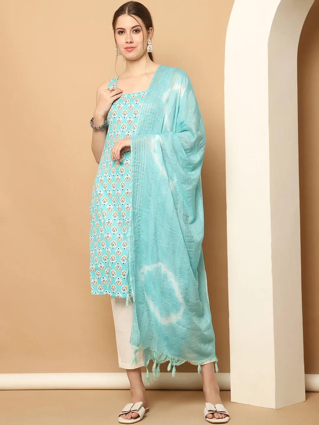 Blue Printed Kurta With Palazzos Dupatta Set