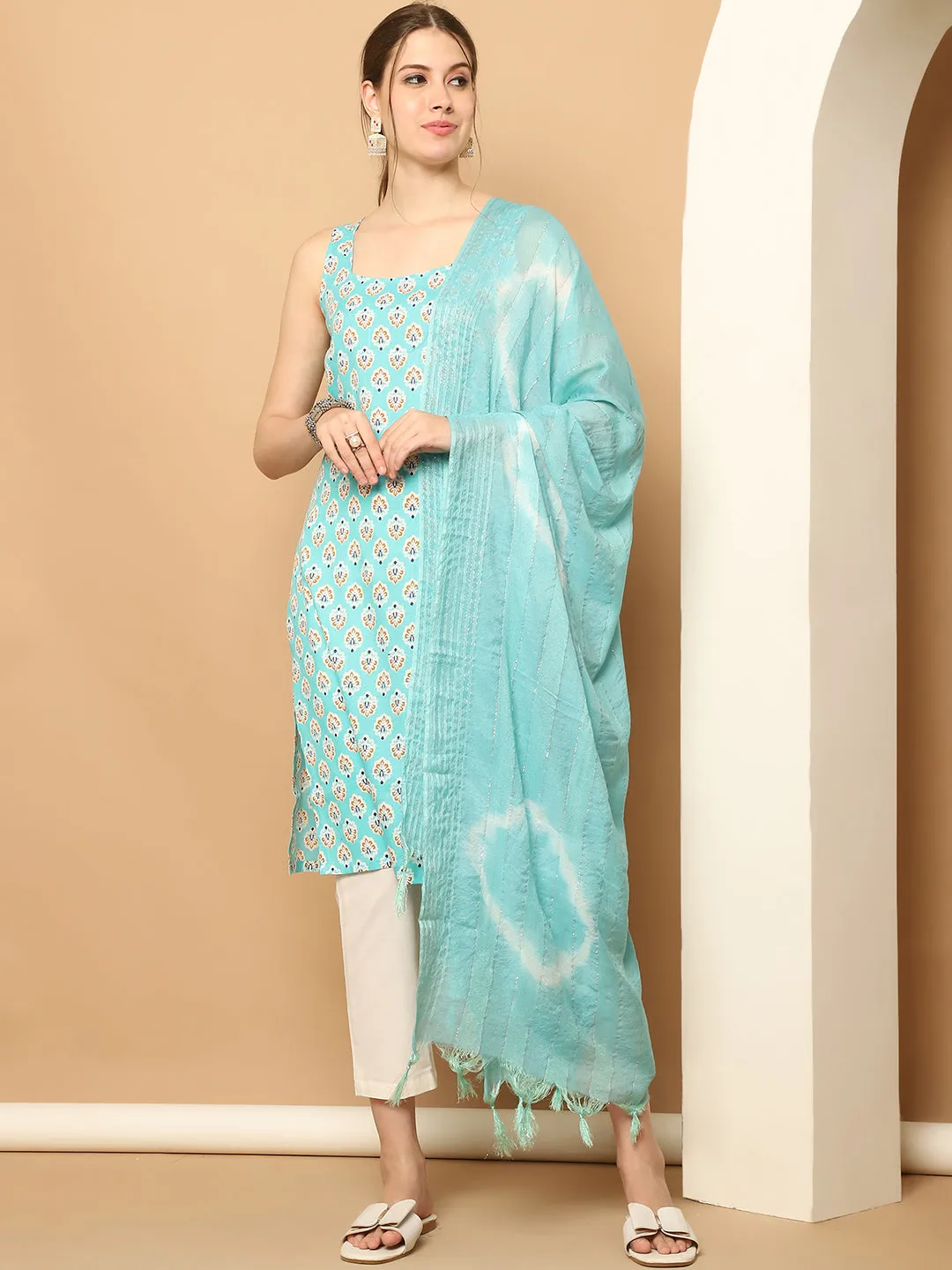 Blue Printed Kurta With Palazzos Dupatta Set