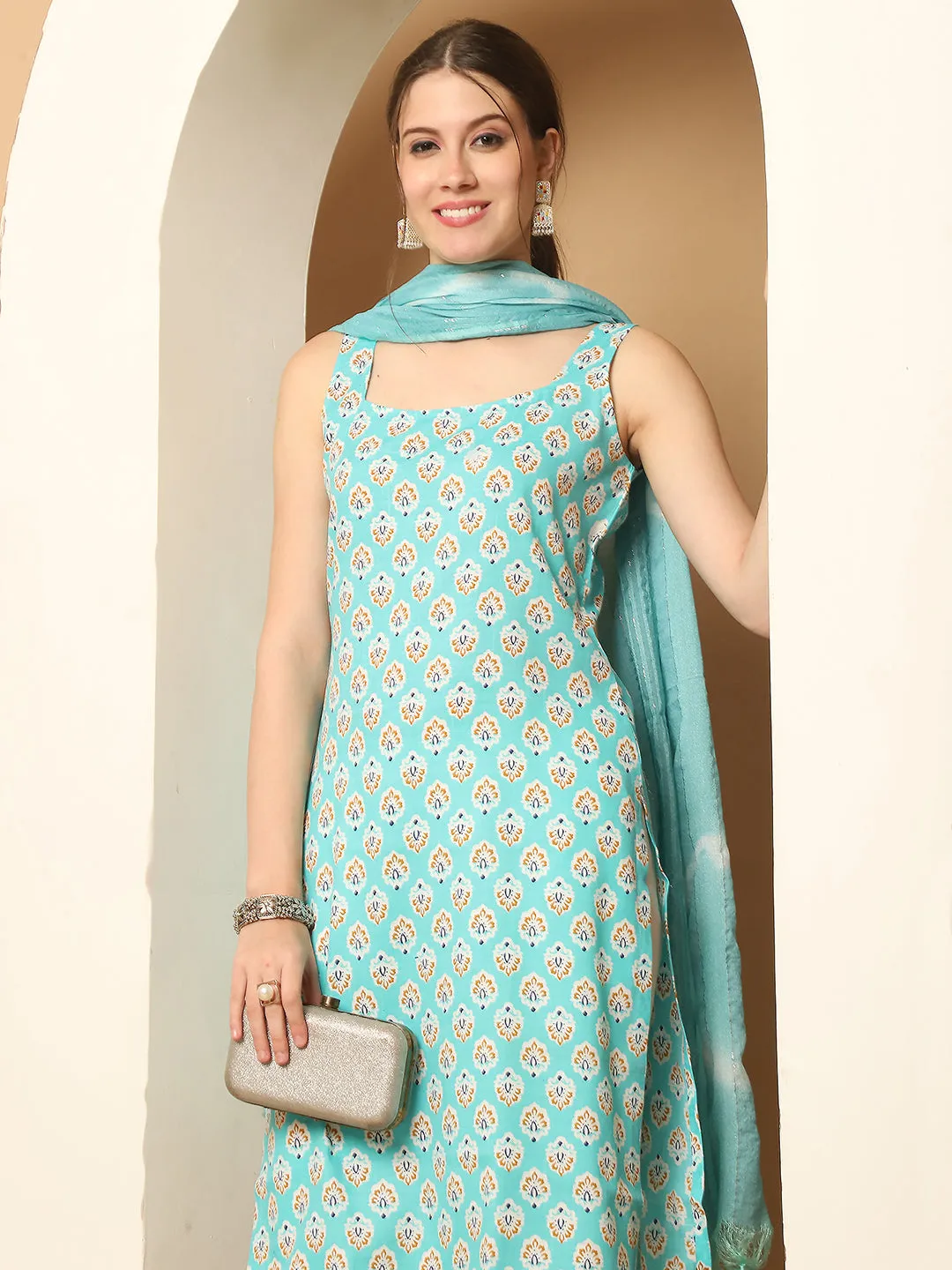 Blue Printed Kurta With Palazzos Dupatta Set