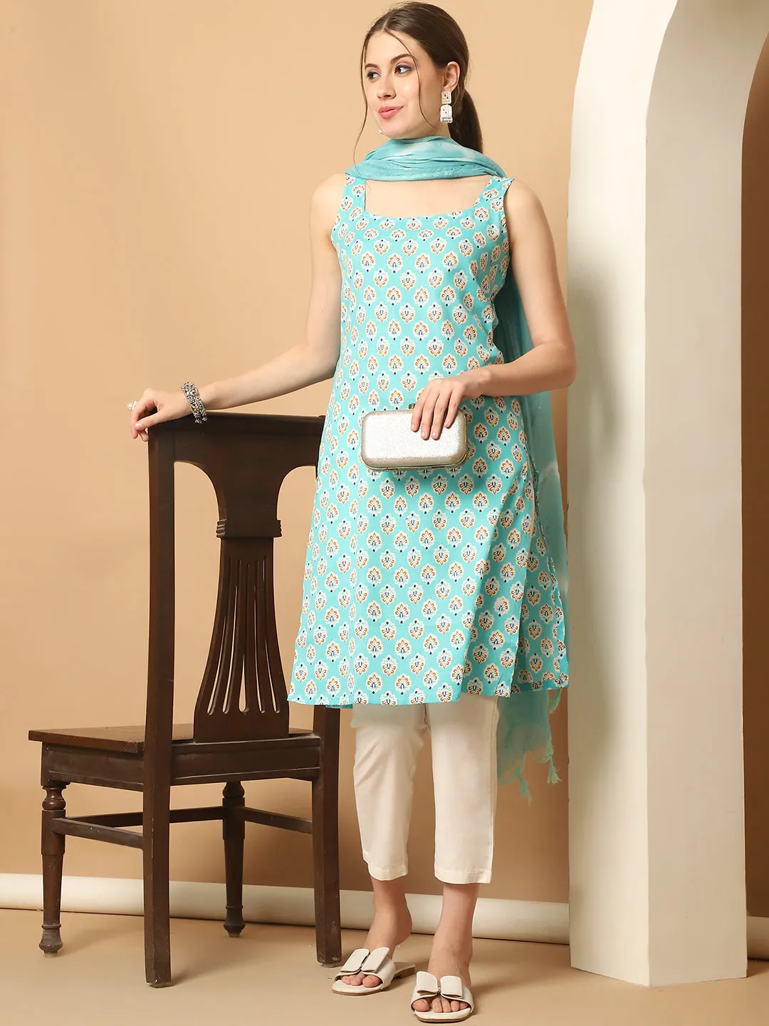 Blue Printed Kurta With Palazzos Dupatta Set