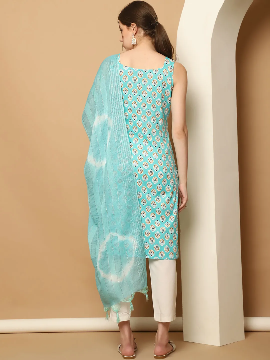 Blue Printed Kurta With Palazzos Dupatta Set