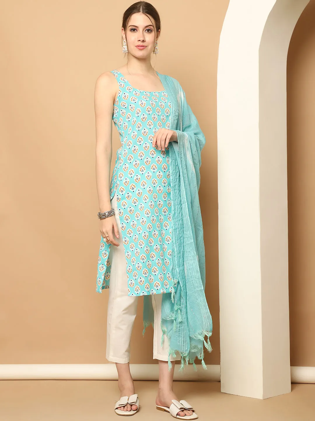 Blue Printed Kurta With Palazzos Dupatta Set