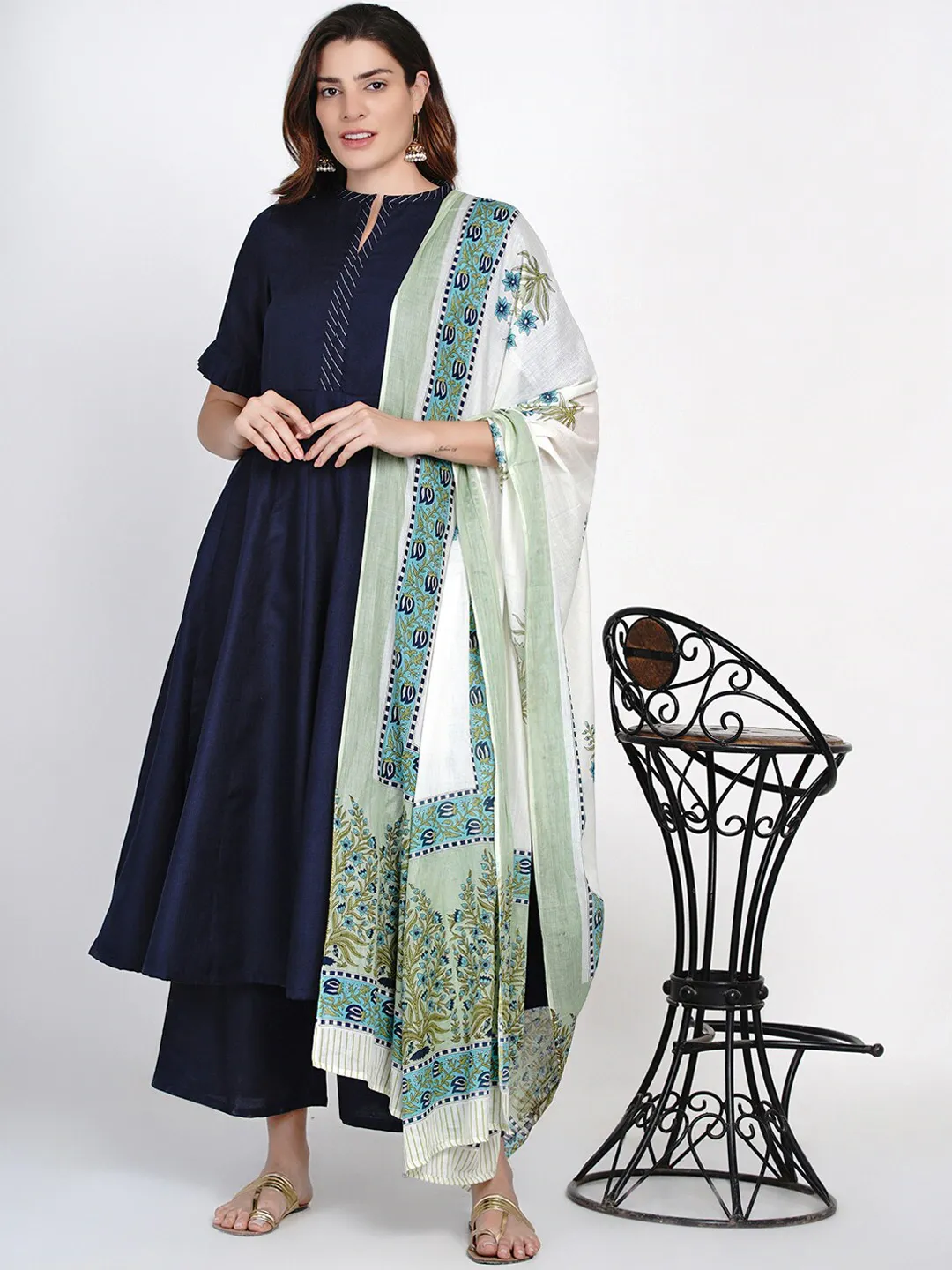 Blue Solid Kurta With Palazzo & Printed Dupatta