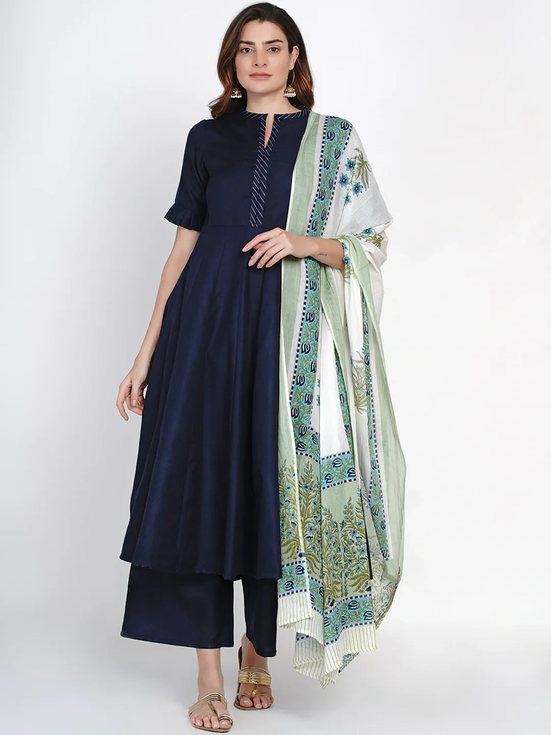 Blue Solid Kurta With Palazzo & Printed Dupatta