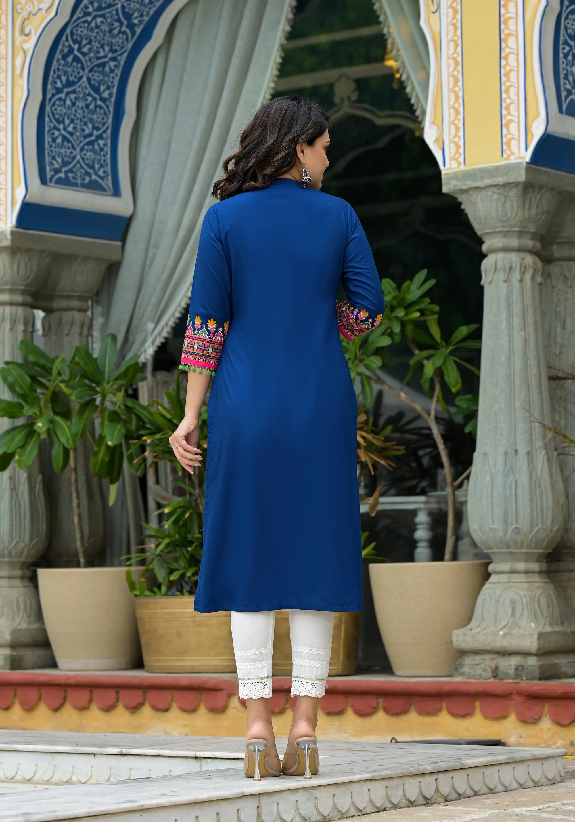 Blue Thread Embroidered A-Lined Liva Rayon Kurta With Beads & Sequins