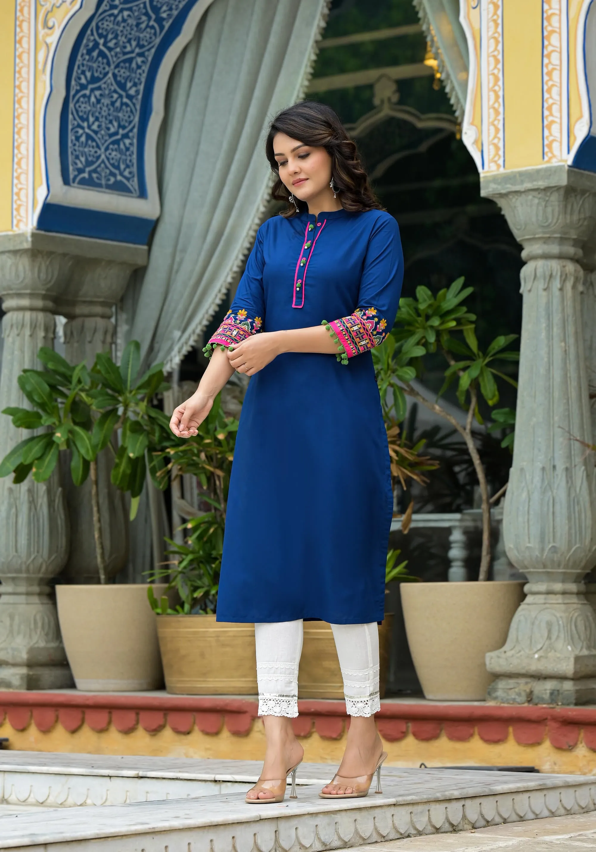 Blue Thread Embroidered A-Lined Liva Rayon Kurta With Beads & Sequins