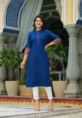 Blue Thread Embroidered A-Lined Liva Rayon Kurta With Beads & Sequins