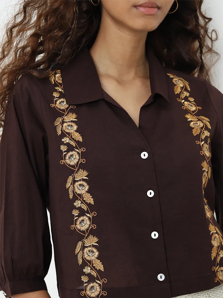 Bombay Paisley Dark Brown Floral Embroidered Cotton Shirt