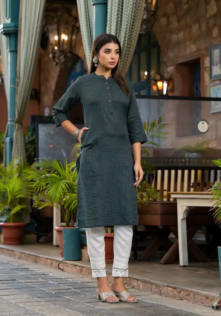 Bottle Green Striped Printed Cotton Kurta With Button Detail