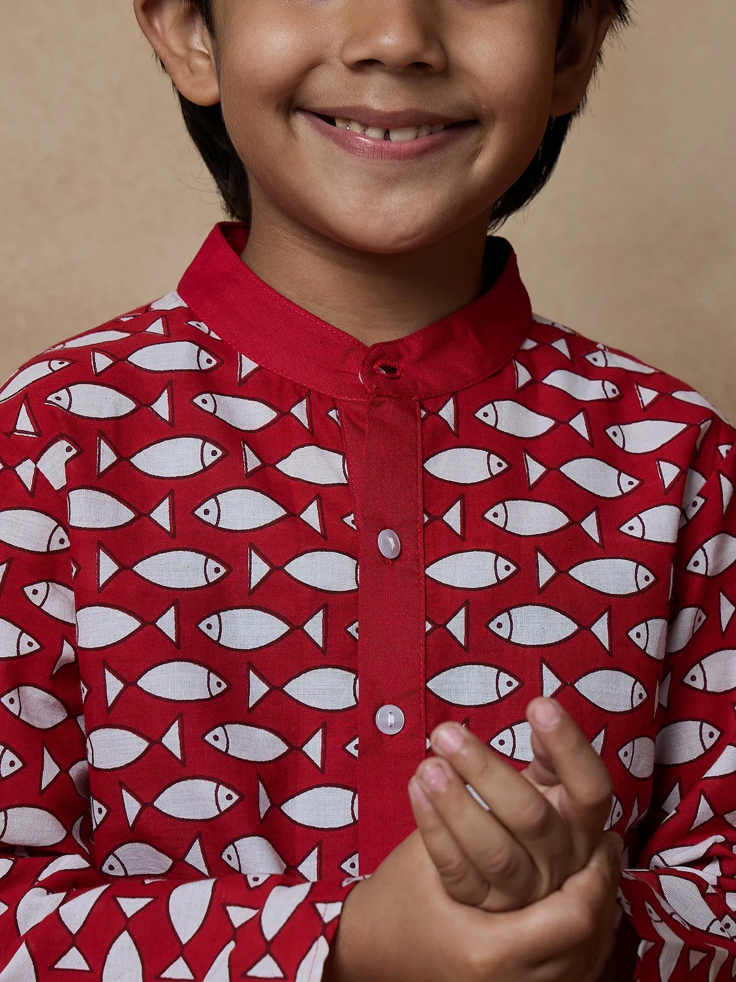 Boys Ethnic Motifs Printed Band Collar Kurta With Salwar