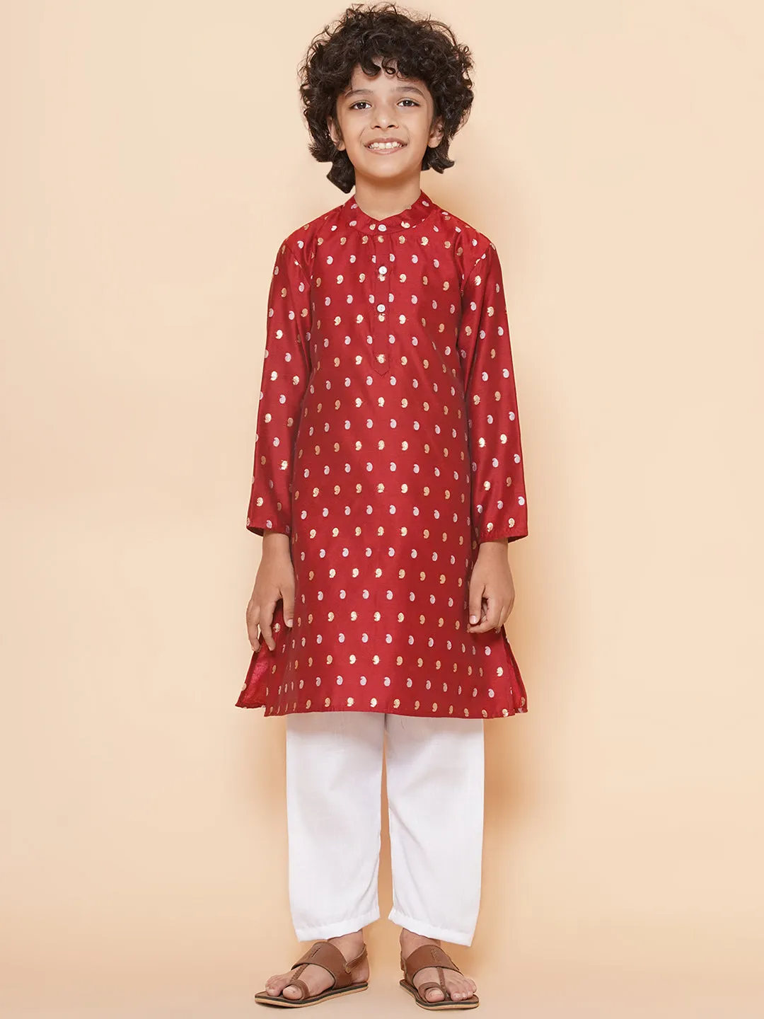 Boys Maroon Self Design Booti Kurta with Pyjamas