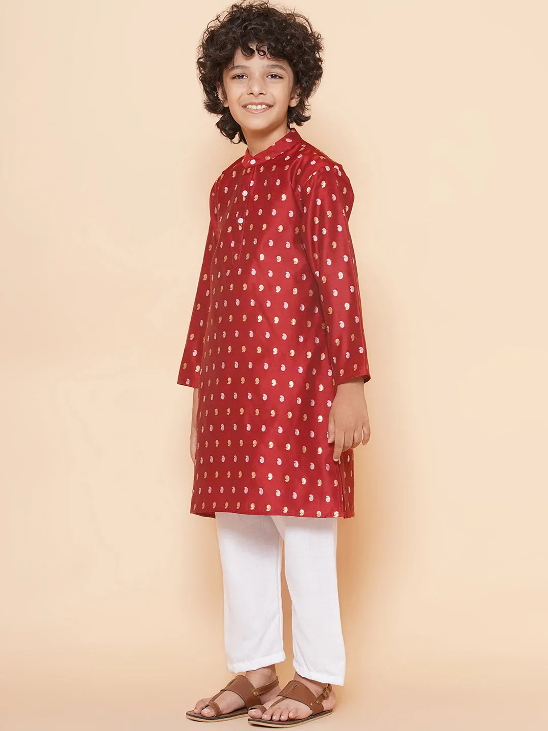 Boys Maroon Self Design Booti Kurta with Pyjamas