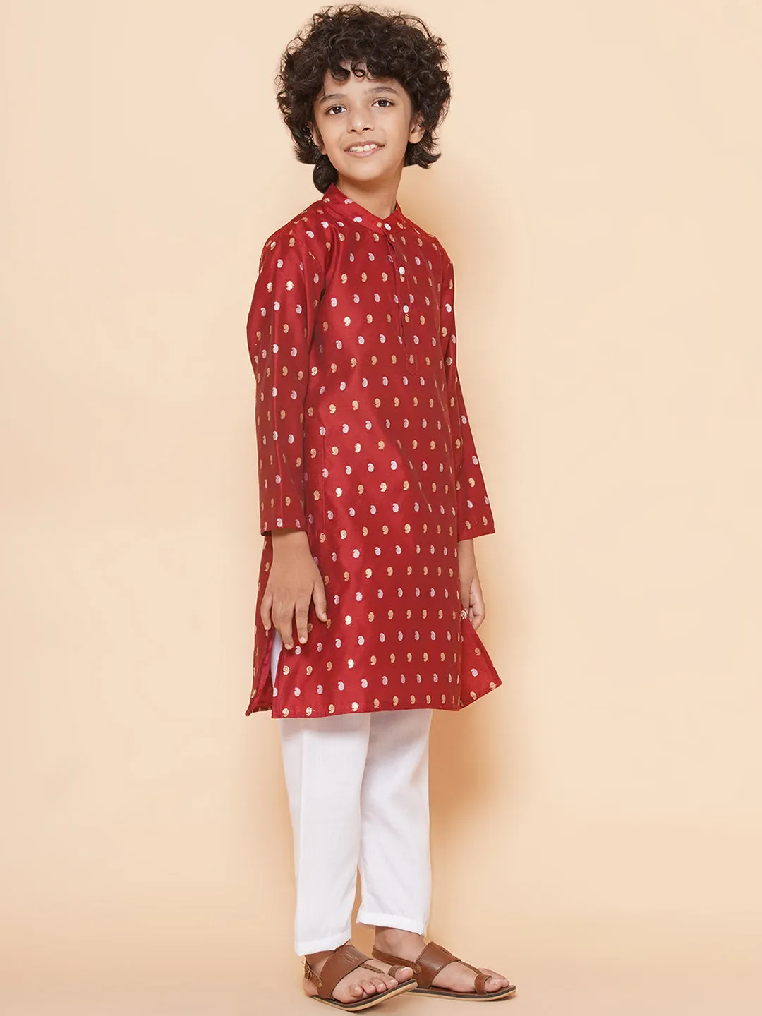 Boys Maroon Self Design Booti Kurta with Pyjamas