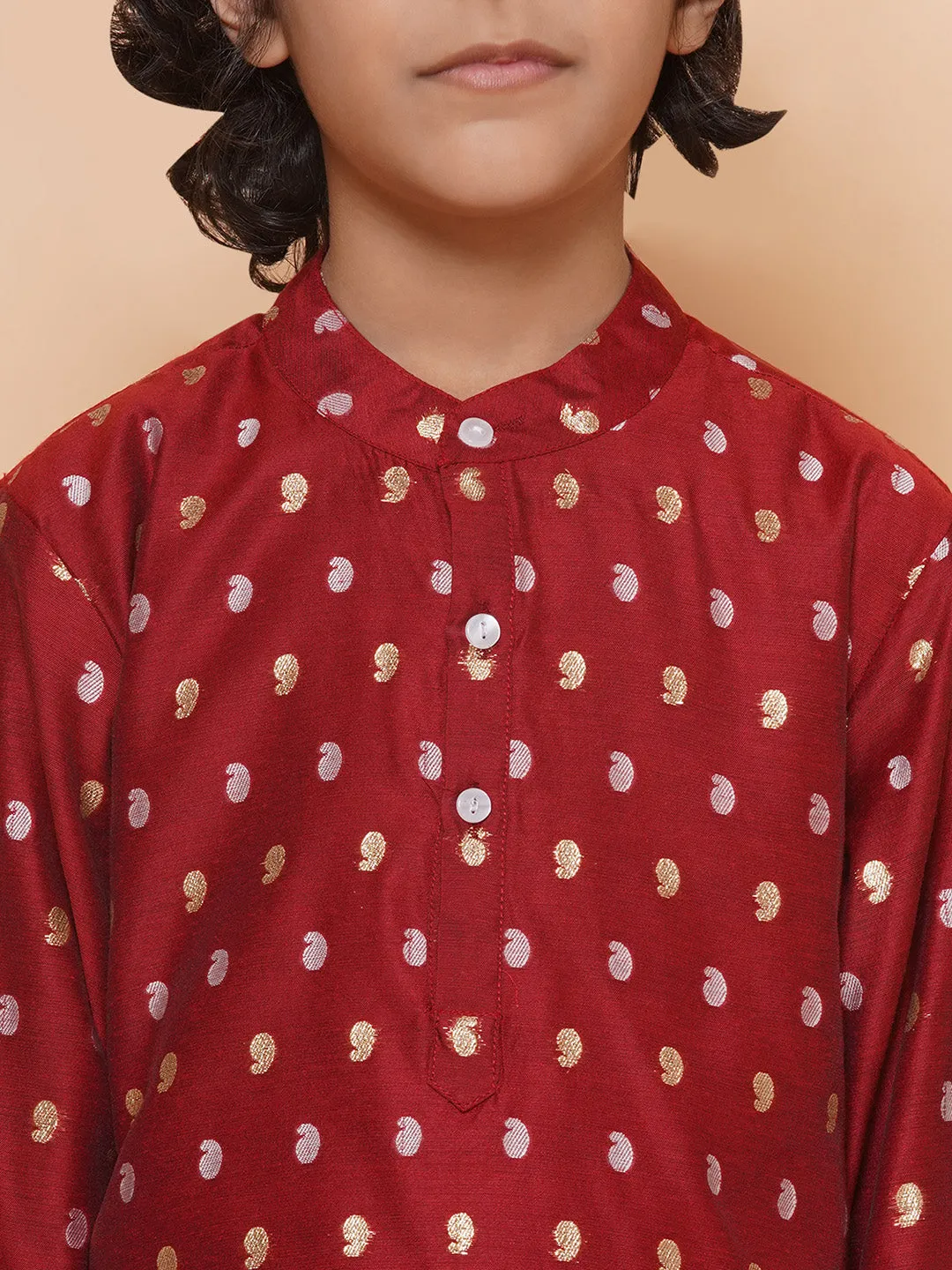 Boys Maroon Self Design Booti Kurta with Pyjamas