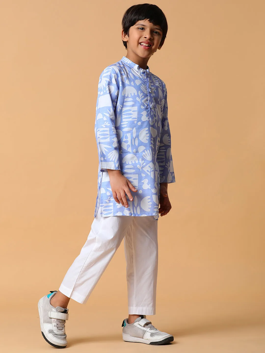 Boys Viscose Blue Printed Kurta Set