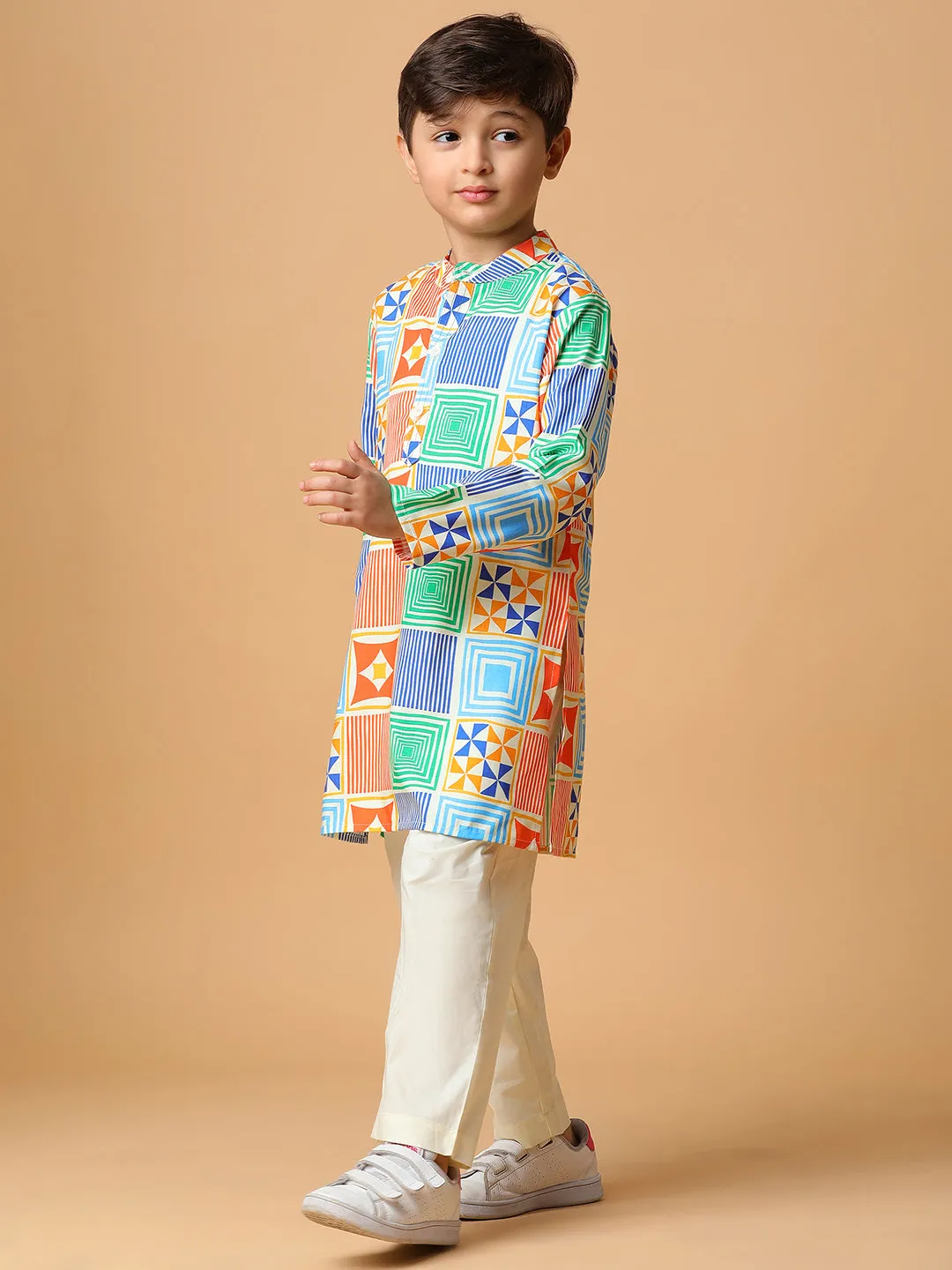 Boys Viscose Multi Color Printed Kurta Set