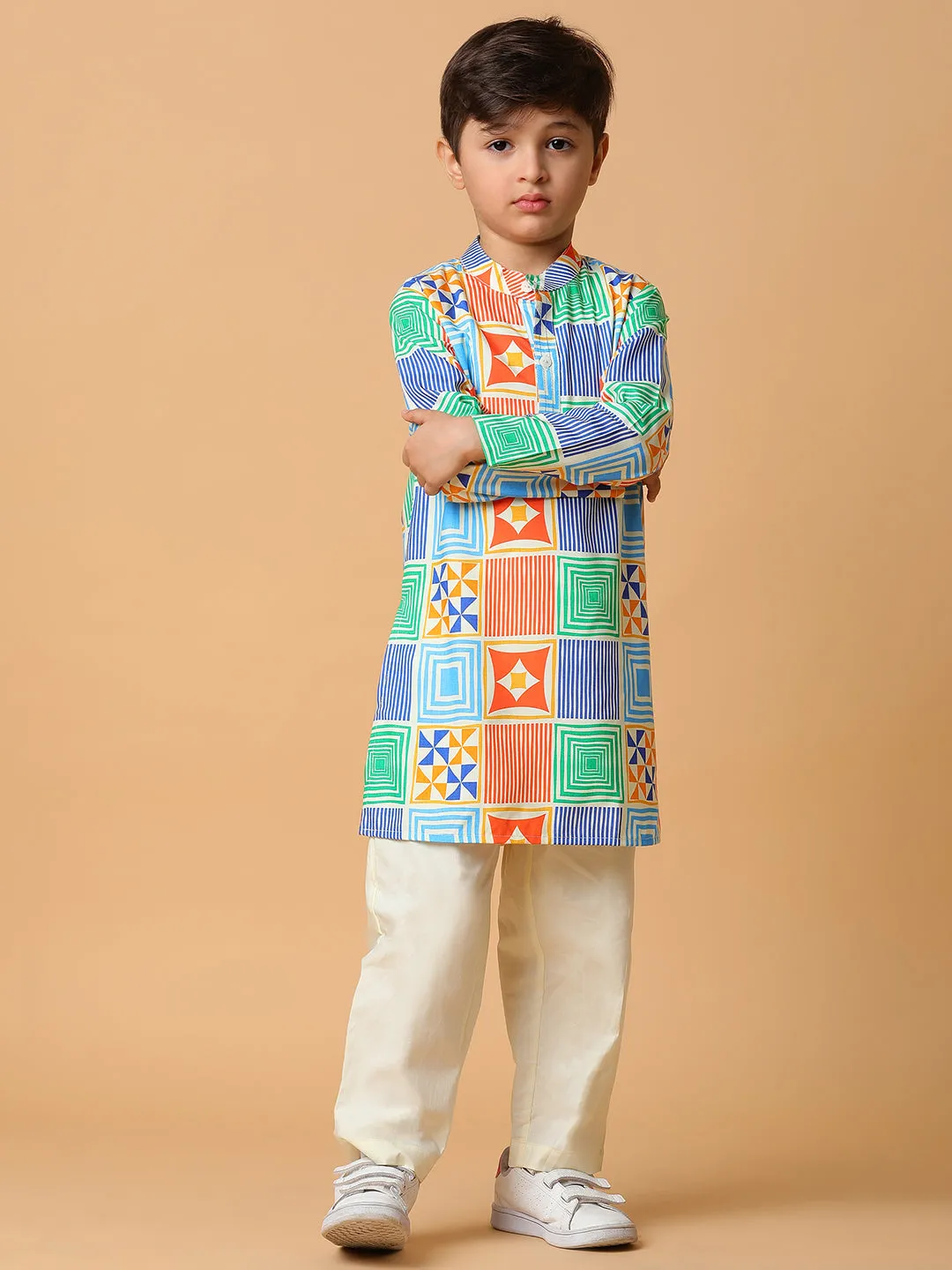 Boys Viscose Multi Color Printed Kurta Set