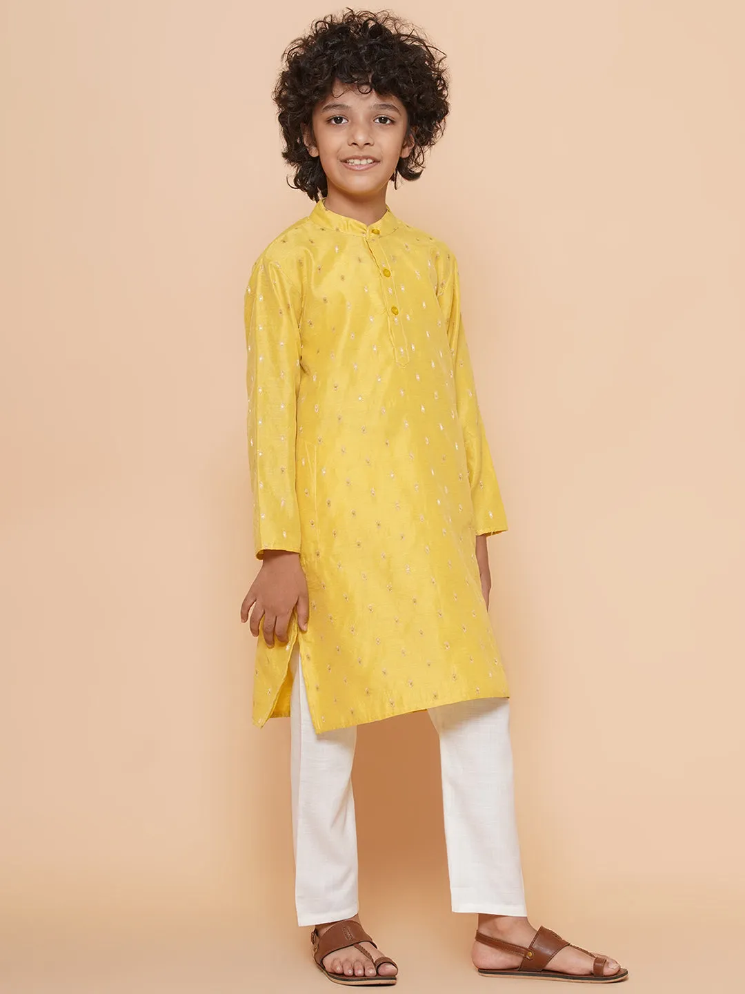 Boys Yellow Self Design Booti Kurta with Pyjamas