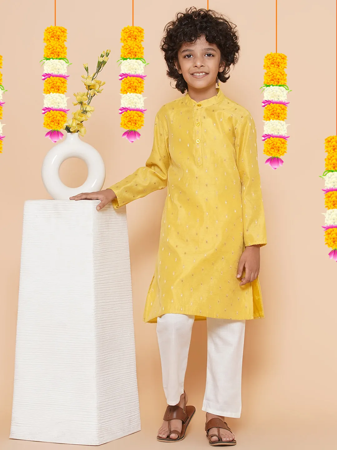 Boys Yellow Self Design Booti Kurta with Pyjamas