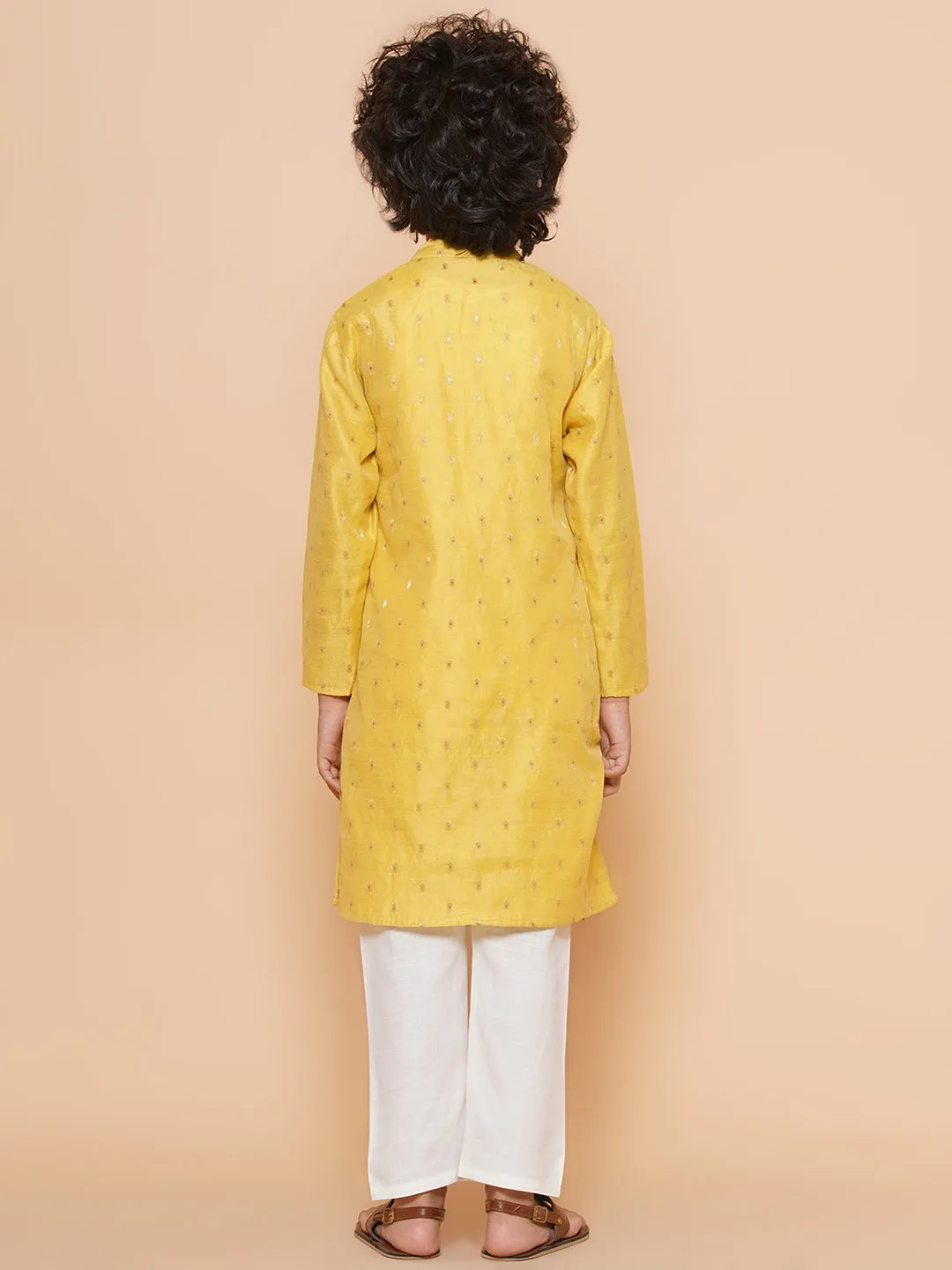 Boys Yellow Self Design Booti Kurta with Pyjamas