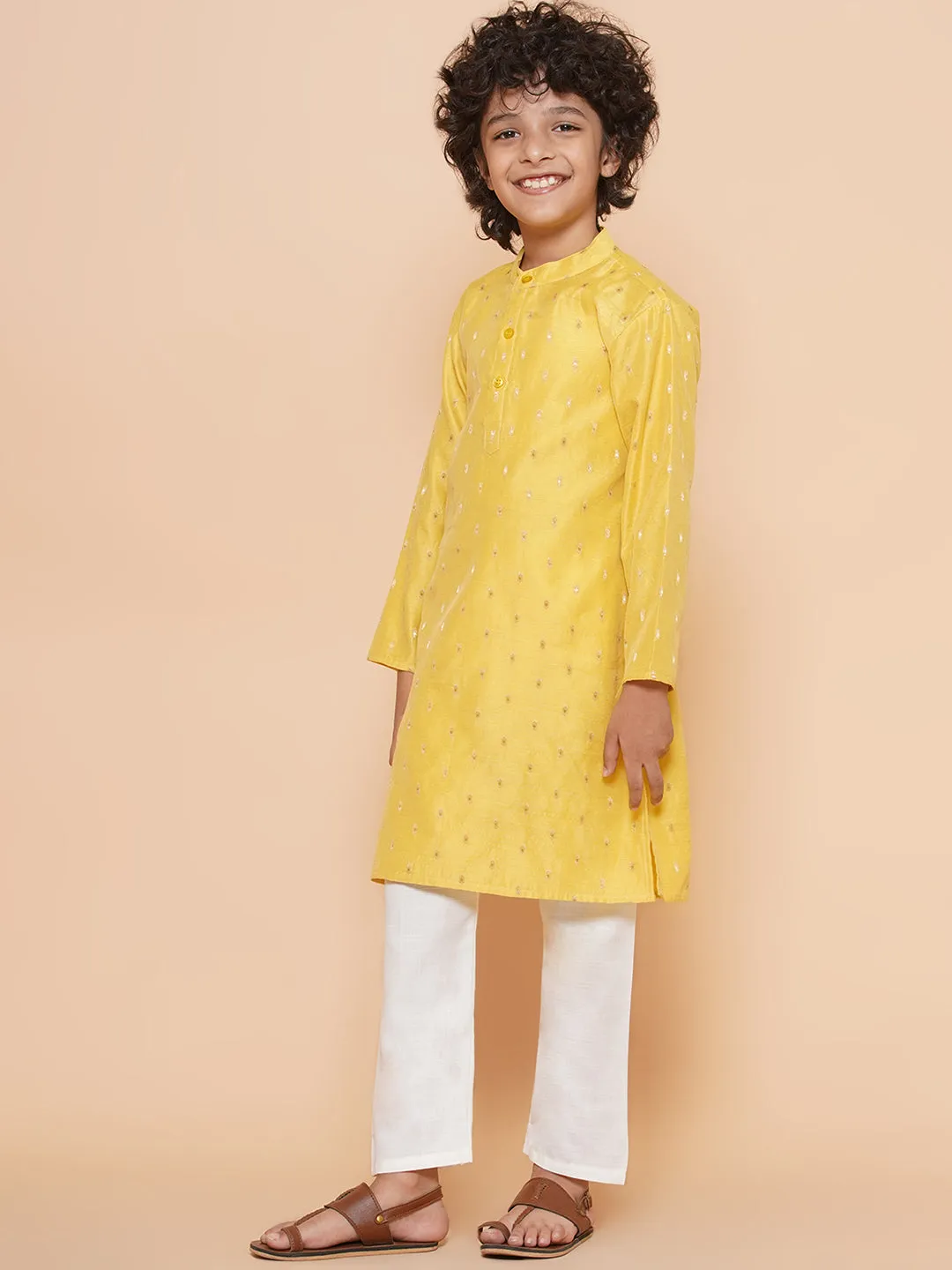 Boys Yellow Self Design Booti Kurta with Pyjamas