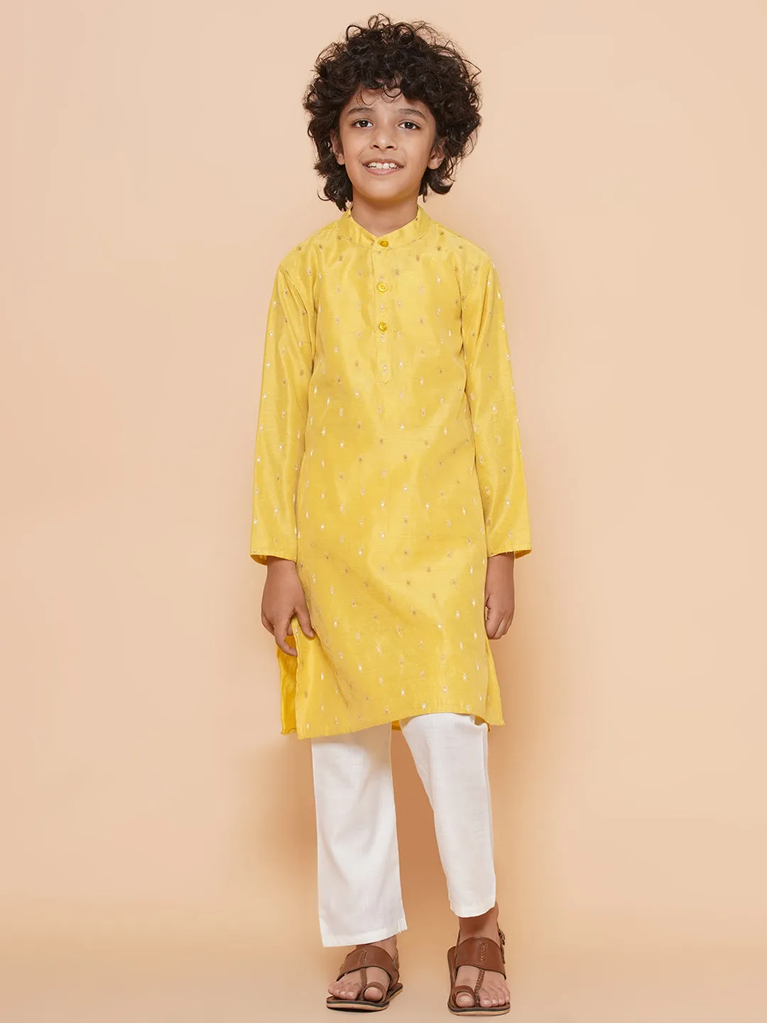 Boys Yellow Self Design Booti Kurta with Pyjamas