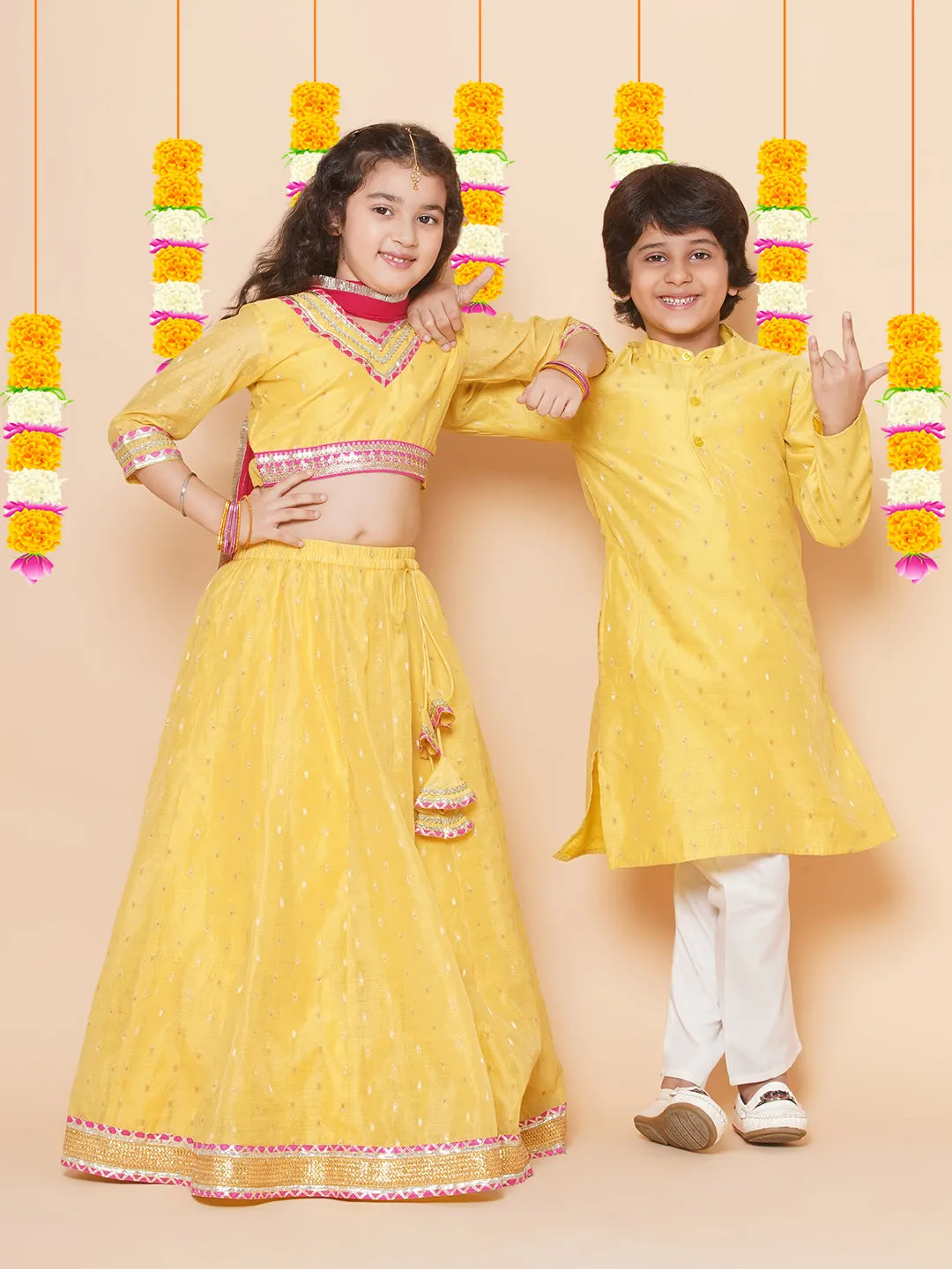 Boys Yellow Self Design Booti Kurta with Pyjamas