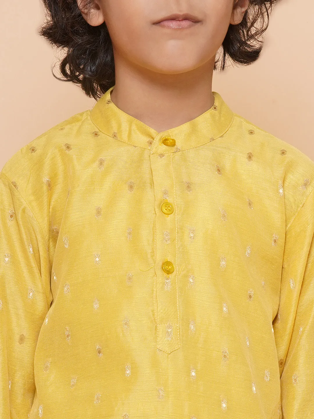 Boys Yellow Self Design Booti Kurta with Pyjamas