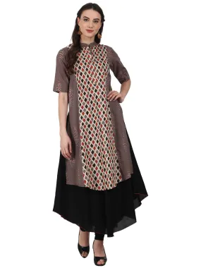 Brown & Black Printed 3/4 Sleeve Cotton Double Layer A-Line Kurta