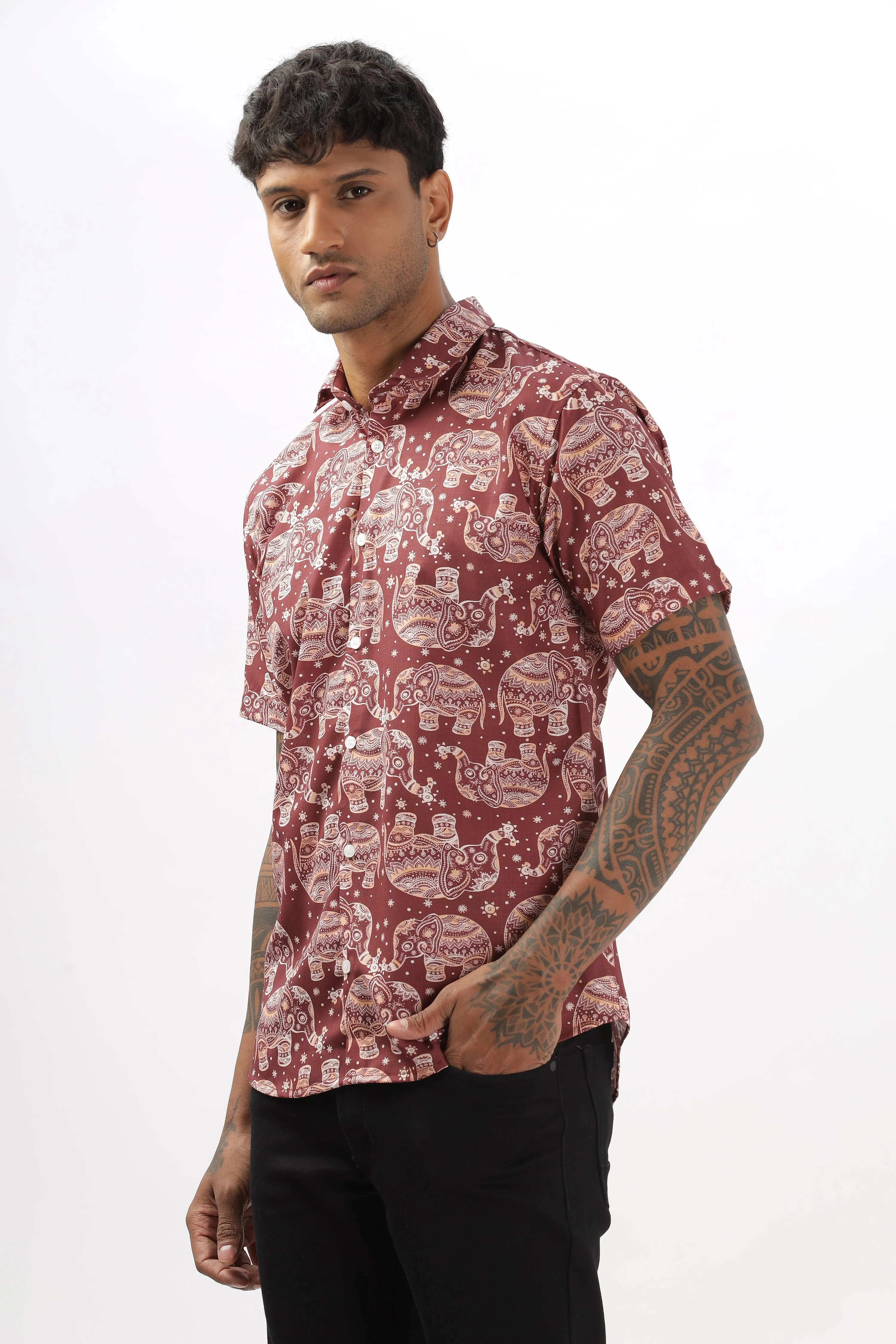 Brown ethnic elephant printed shirt