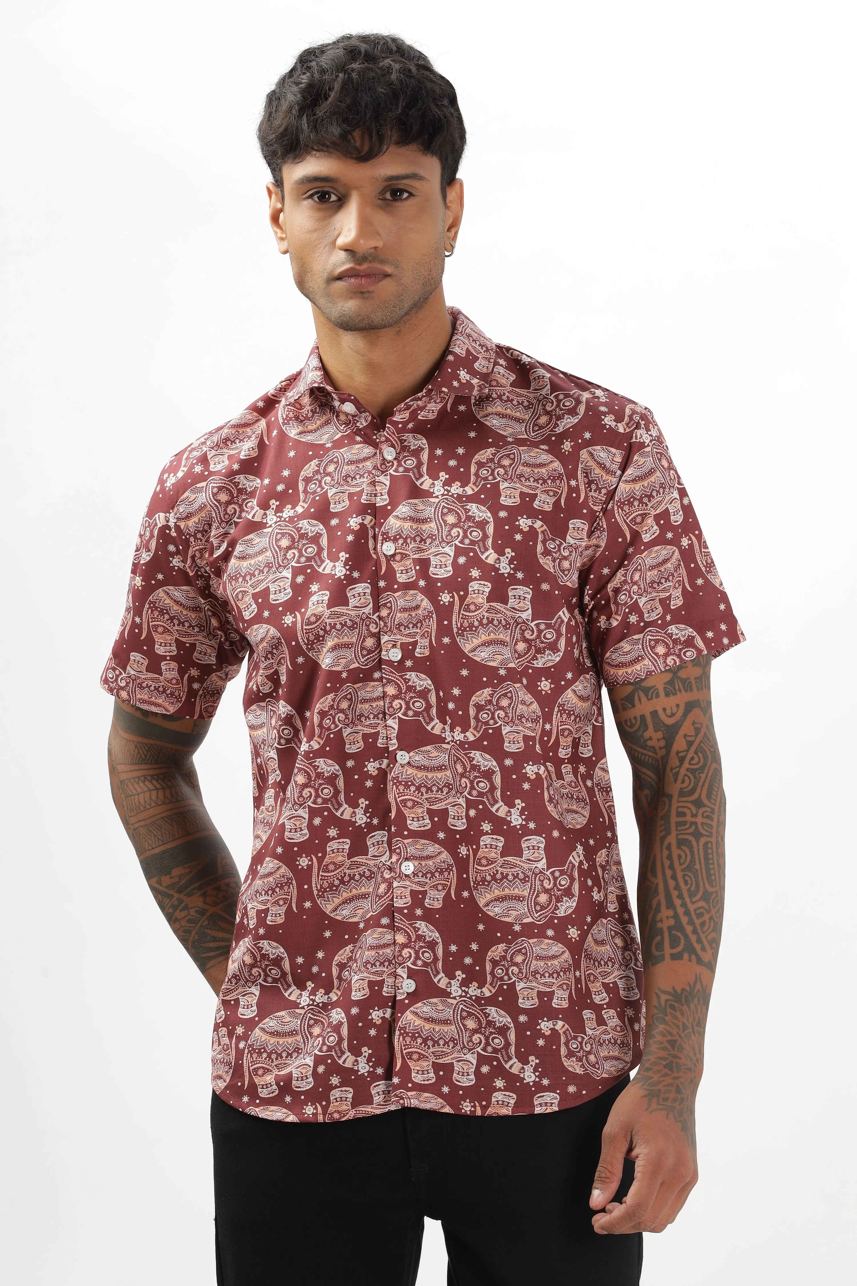 Brown ethnic elephant printed shirt