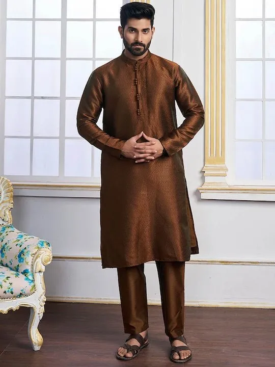 Brown Ethnic Motifs Woven Design Mandarin Collar Regular Kurta With Pyjamas