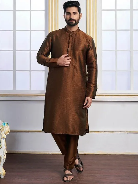 Brown Ethnic Motifs Woven Design Mandarin Collar Regular Kurta With Pyjamas